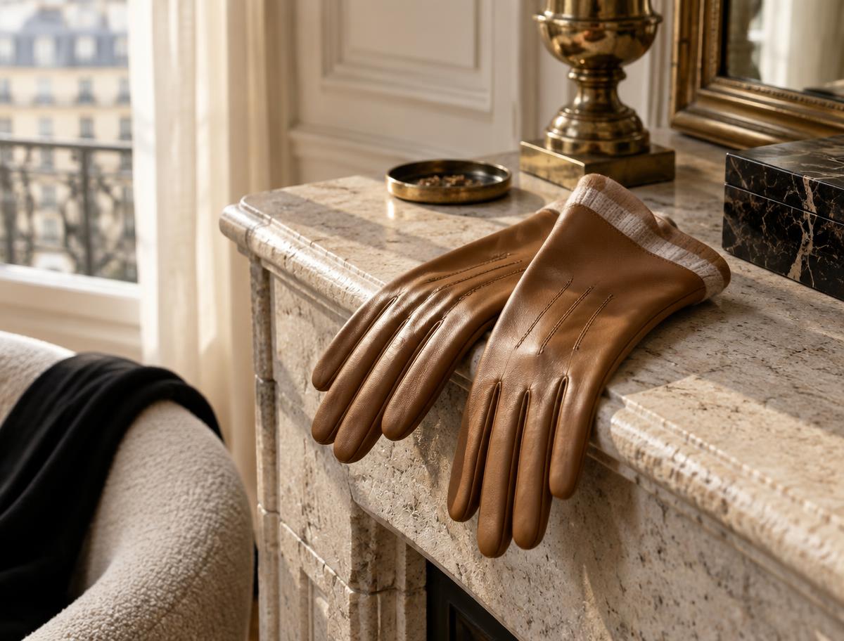 Camel leather gloves in warm Parisian light